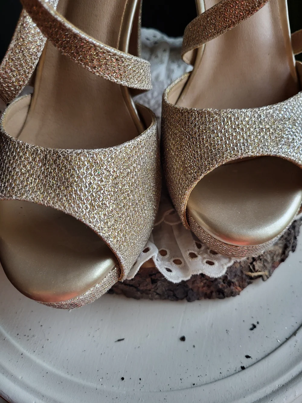 IDIFU Gold Glitter Platform Heels with Double Ankle Straps